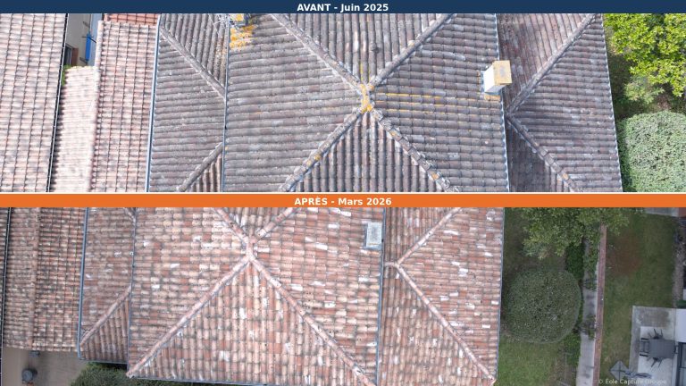 Toiture avant et après nettoyage par drone, Eole Capture