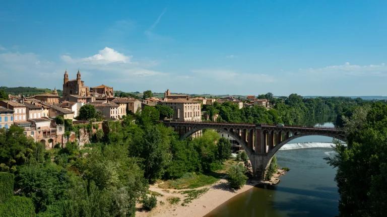Photo aérienne par drone de Rabastens, son église et son pont sur le Tarn